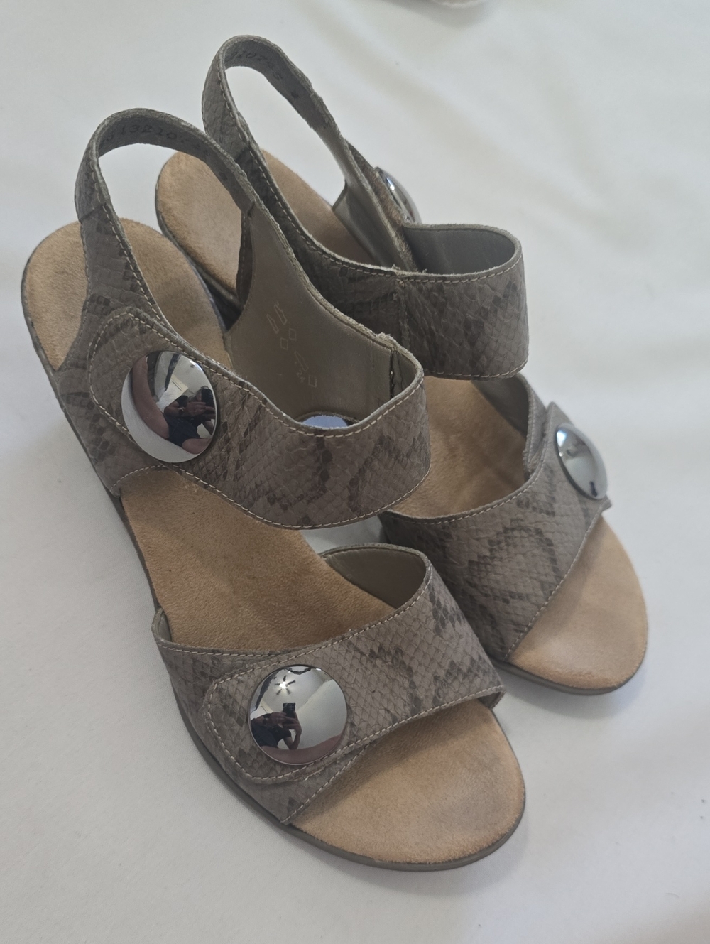 Rieker Taupe Snake-Print Slingback Sandals with Silver Disc Accents